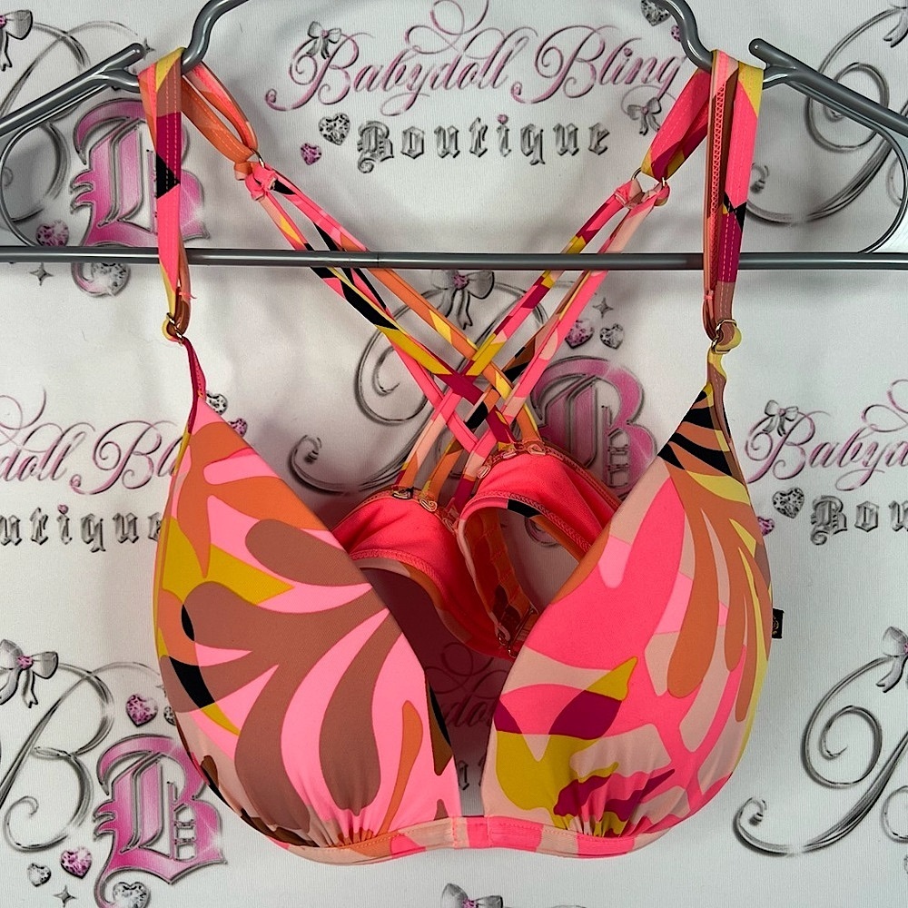 La vie en rose aqua bikini top Colorful Vibrant Pink and Orange Strappy Bra